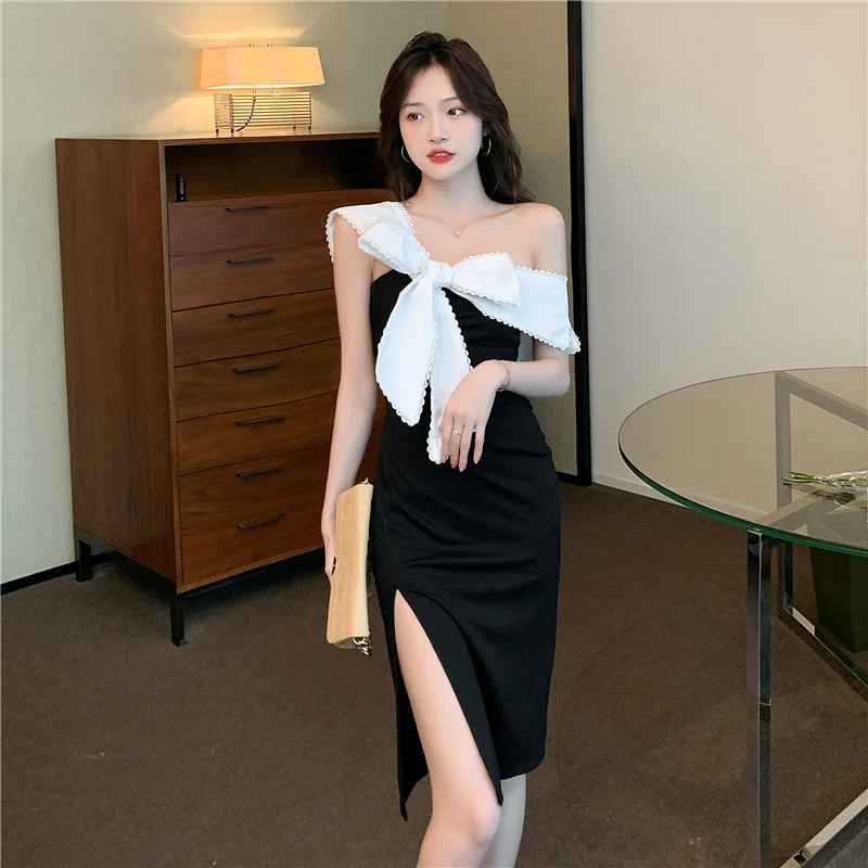

Elegant Women Evening Runway Dress Summer Korean Lady Lace Diagonal Collar Skinny Slim Midi Club Beach Robe Femme Mujer Vestidos