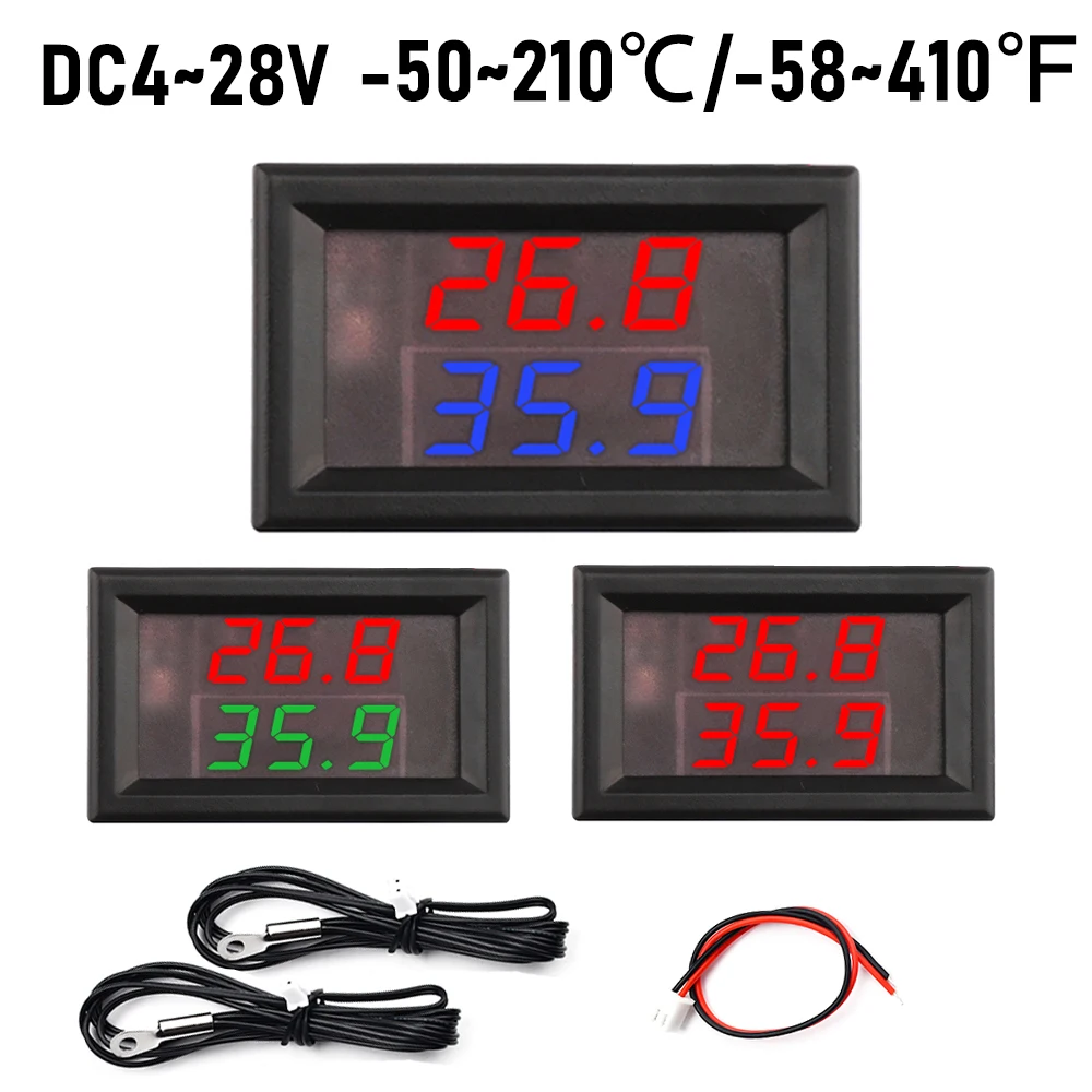 

DC4-28V 5V 12V 24V LED Dual Display Temperature Gauge Sensor -50~210℃/-58~410℉ Digital Thermometer With 2 NTC Probe for Aquarium