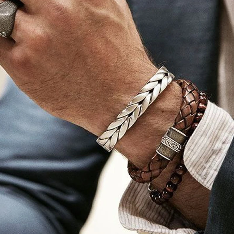 Pulseras trenzadas vintage para hombre, brazaletes de acero inoxidable y cuero, moda, alambre de titanio|cuff bangle|bangle braceletcuff bangle bracelet -