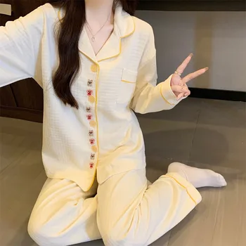 لطيف تطريز أنيق تصميم منامة مجموعة امرأة Harajuku نمط Kawaii طويلة الأكمام المرأة منامة الخريف الشتاء ملابس خاصة جديدة 4