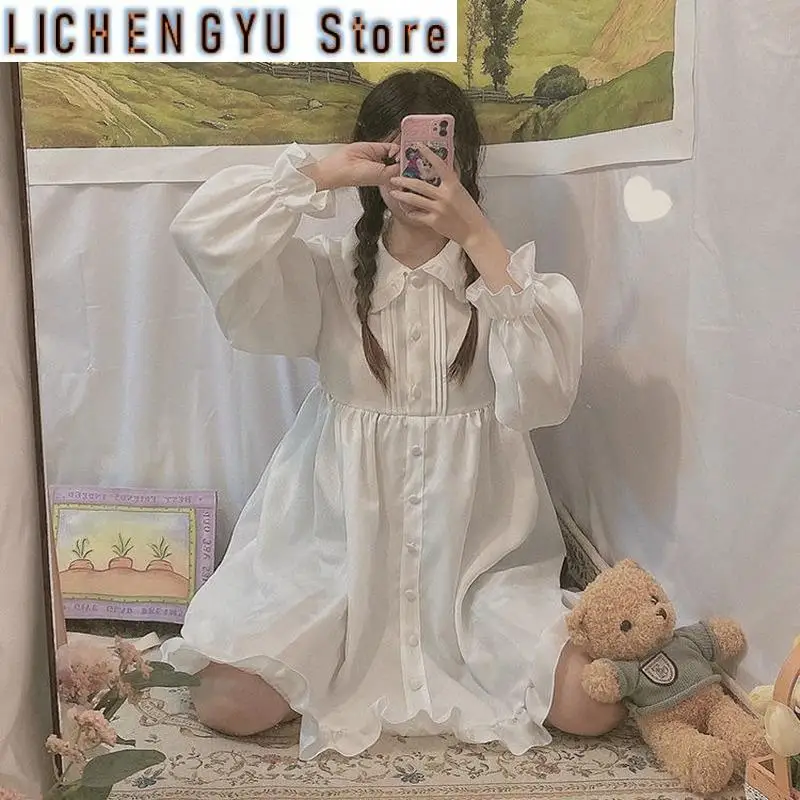 

New Women Summer Spring Dress White Black Long Sleeves Lolita Dresses Ruffles Peter Pan Collar Preppy Style Princess Fairy Cute