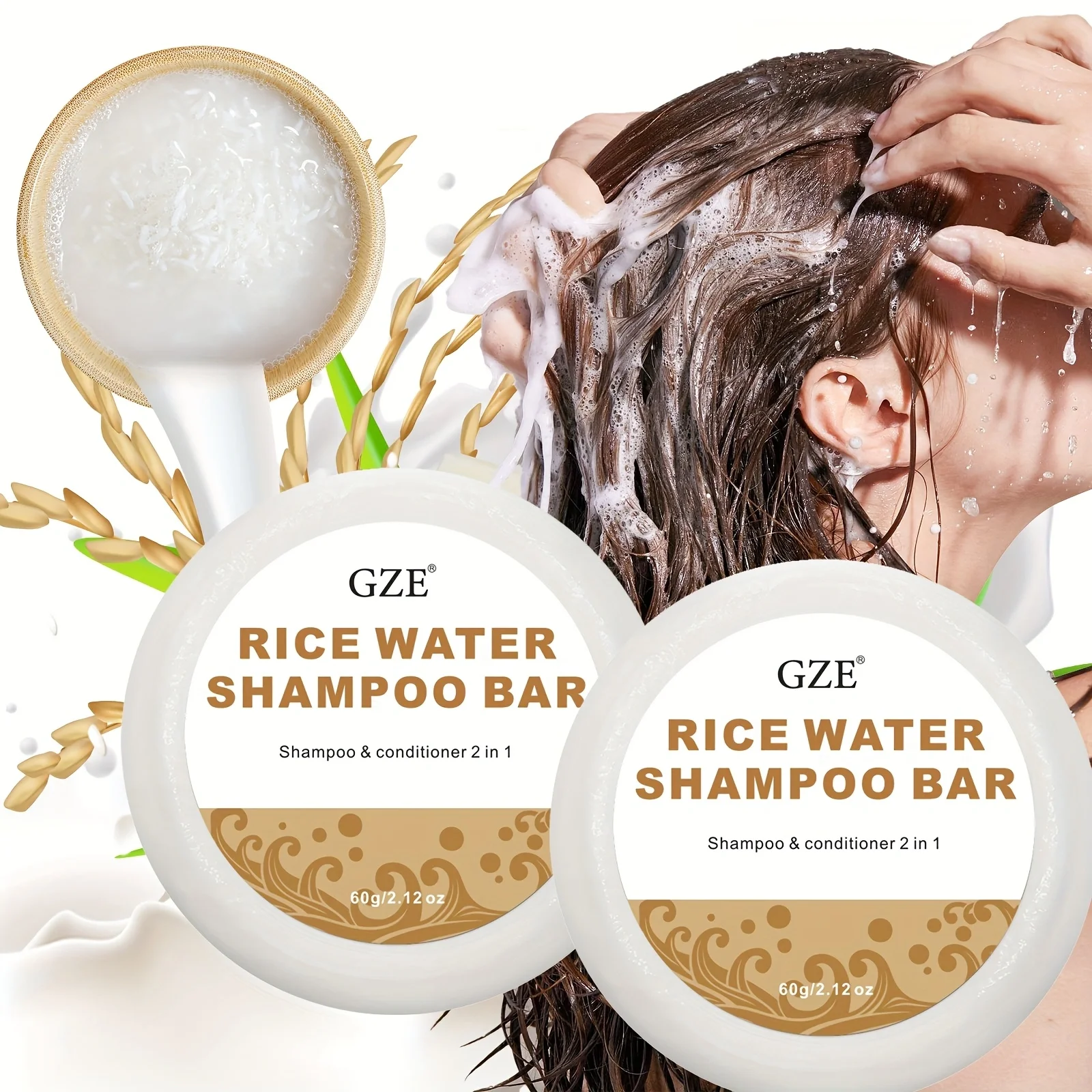 2 pcs GZE Rice Water Shampoo Bar Soap Scalp Gentle Cleaning Handmade ...
