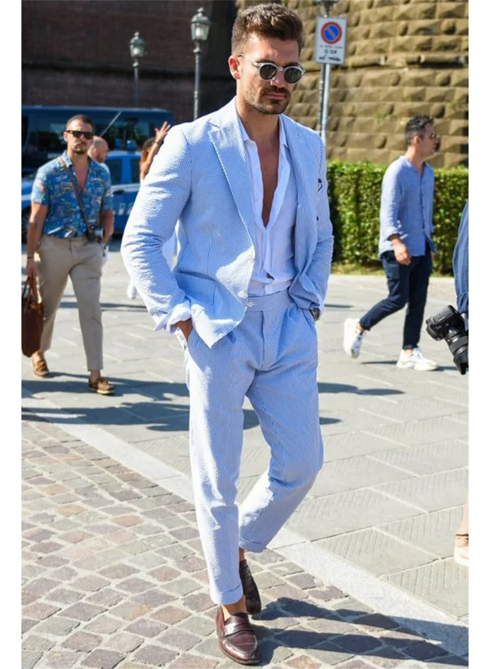 2 Pieces Sky Blue Men Suits Seersucker  Suits Notched Lapel Summer Leisure Beach Jacket+Pant  Groom Wedding Tuxedos 2