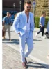 2 Pieces Sky Blue Men Suits Seersucker  Suits Notched Lapel Summer Leisure Beach Jacket+Pant  Groom Wedding Tuxedos 2