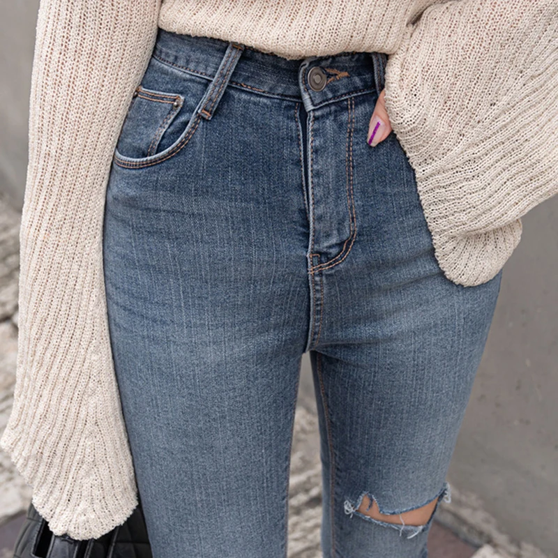 

Button Fly Women Jeans High Waist Denim Pants Women High Elastic Skinny Pants Ripped Hole Stretchy Women Trousers 2021