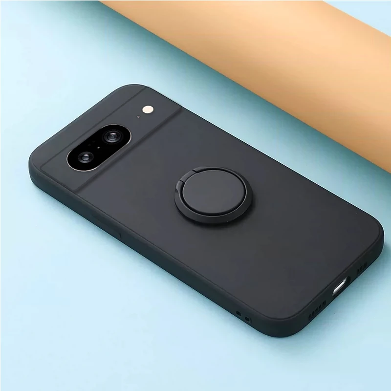 Silicone Back Cover with Finger Ring Stand and Camera Lens Protection – Solid Color Soft Phone Case
