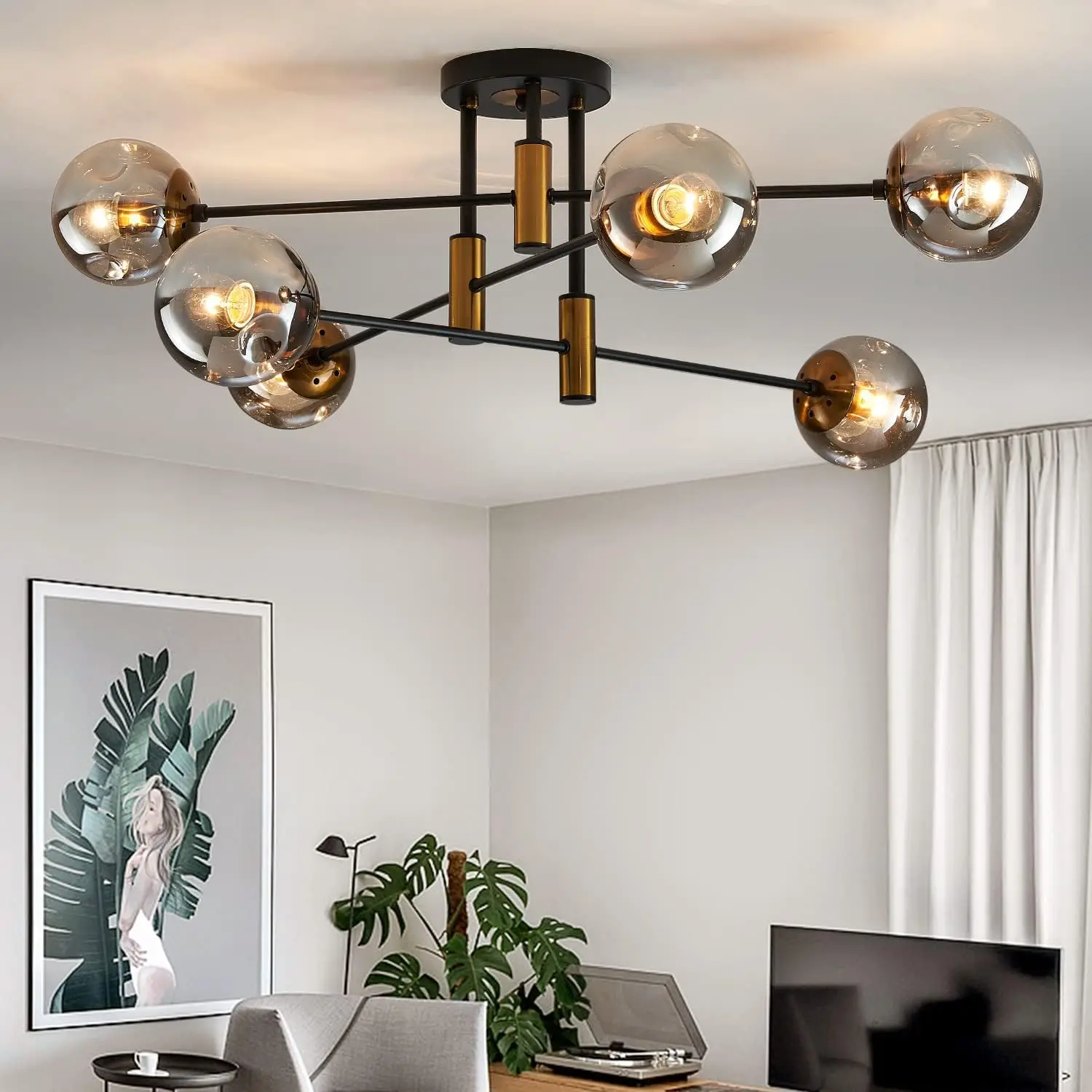 

DDLLDESHI 6-Light Glass Globe Sputnik Chandelier Modern Matte Black and Gold Ceiling Light Fixture Vintage Hanging Chandeliers