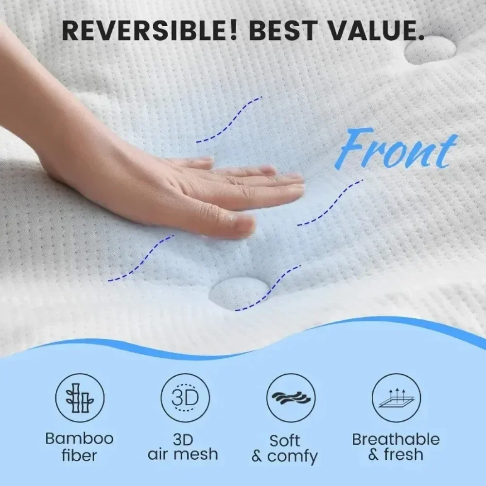 Reversible Queen Mattress Pad Memory Foam, Bamboo Viscose Egg Crate Mattress Topper Queen Size, Noiseless Waterproof Mattress 2