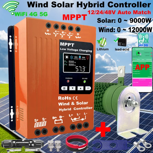 คอนโทรลเลอร์ไฮบริด MPPT 10000W (พลังงานลม 5000W + พลังงานแสงอาทิตย์ 5000W) 6000w 8000W 4000W, 12V 24V 48V อัตโนมัติ, พร้อม WIFI และระบบ Dump Load, หน้าจอ LED 1