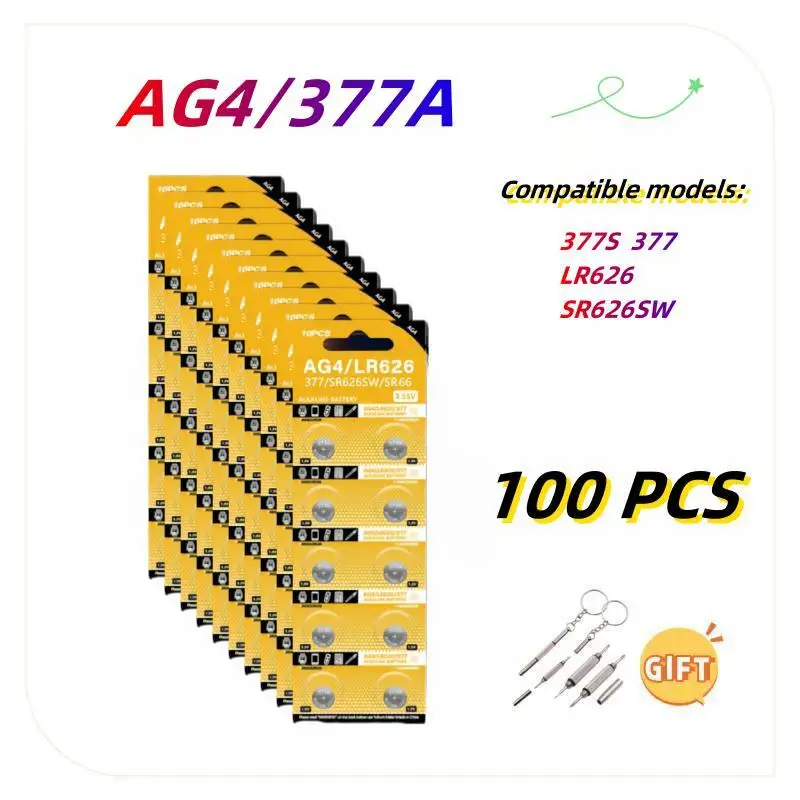 100 Pcs X AG4 LR66 SR626 G4 377A 177 Bulk 1.5V 0% Hg Alkaline