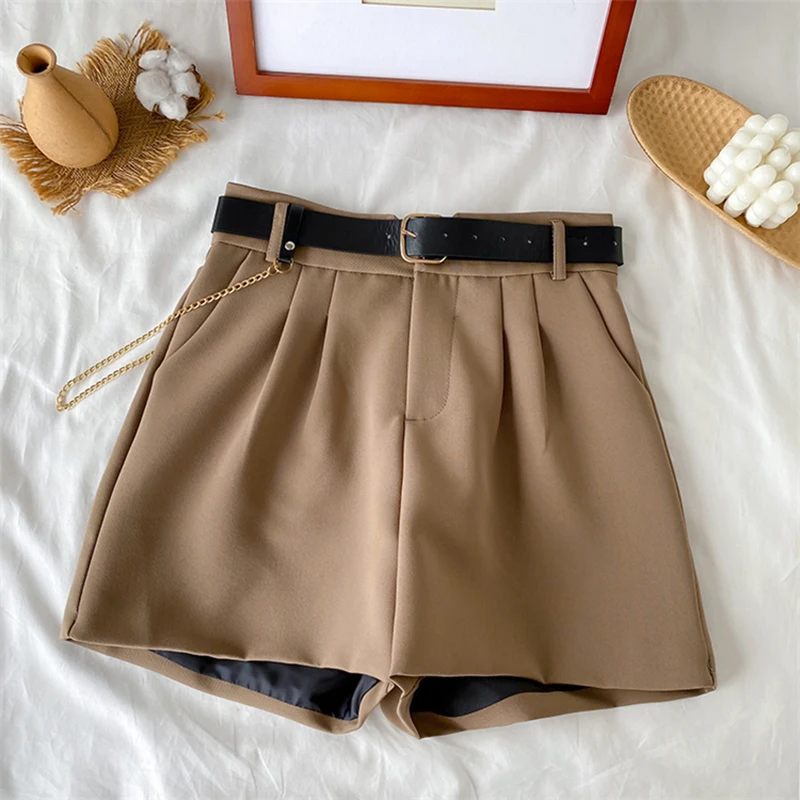 2021 High Waist Thin Women's Office Shorts Wide Legged A-Line Suit Shorts Female Korean Style Casual New Short Pants with Belt american eagle shorts