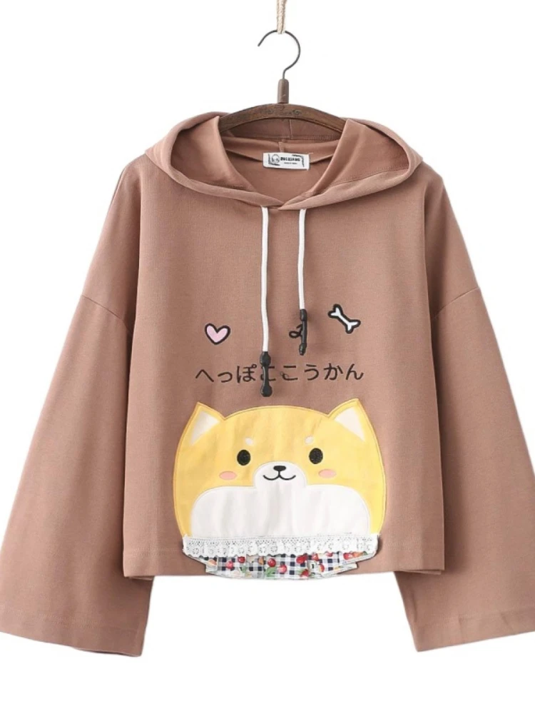 

Women Cotton Sweatshirt Hoodies Autumn Long Sleeve Hooded Coat Cat Embroidery Casual Streetwear Pullovers Korean Fashion Tops