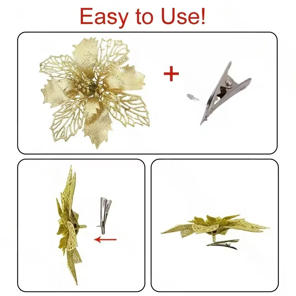 6-24Pcs 15cm Artificial Christmas Flowers with Clips Stems Xmas Tree Ornaments Glitter Flower Garland New Year Party Decor