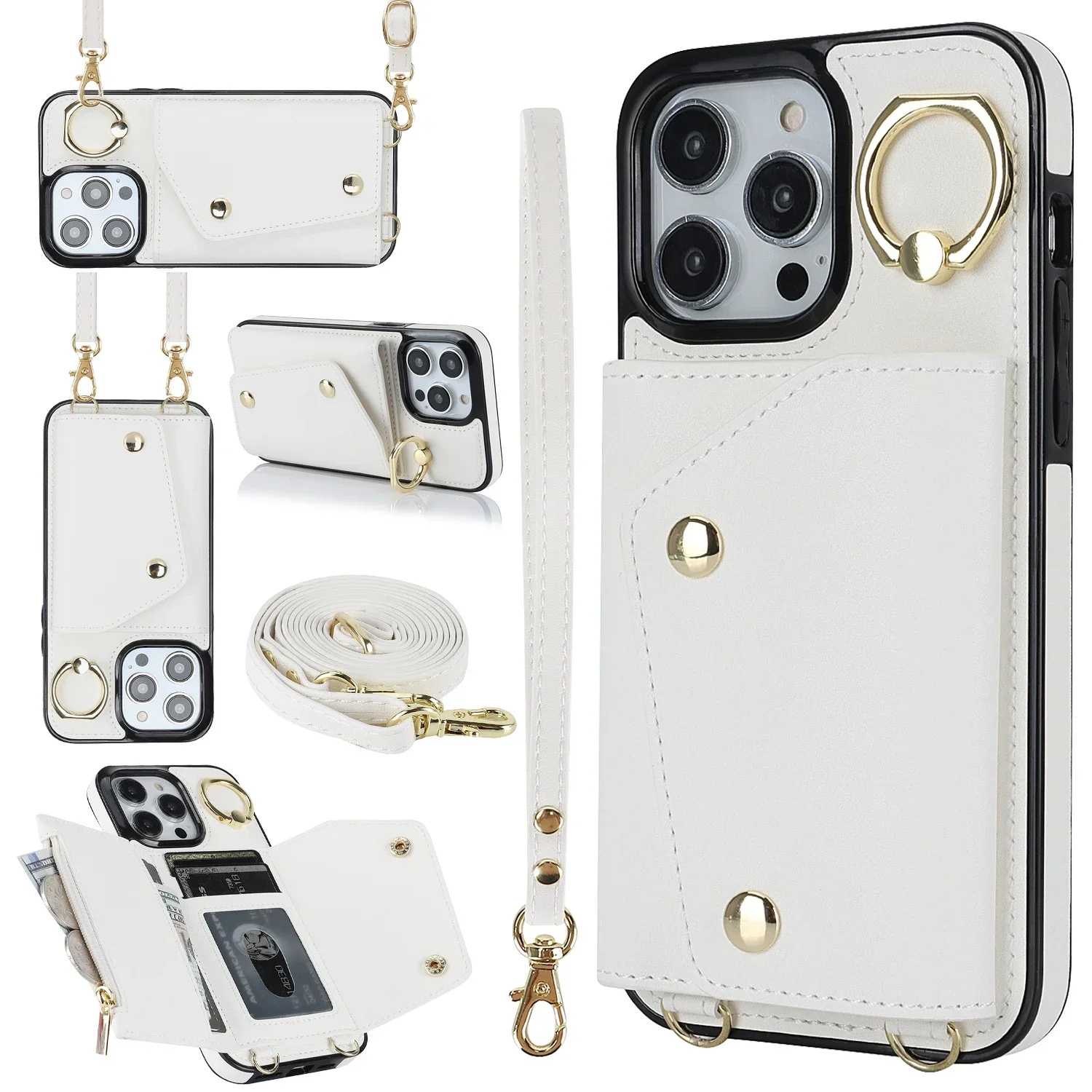 Versatile Leather Phone Case with Crossbody Lanyard, Wrist Strap, and Card Holder