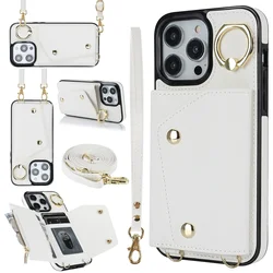 Versatile Leather Phone Case with Crossbody Lanyard, Wrist Strap, and Card Holder - iPhone 13 (White)