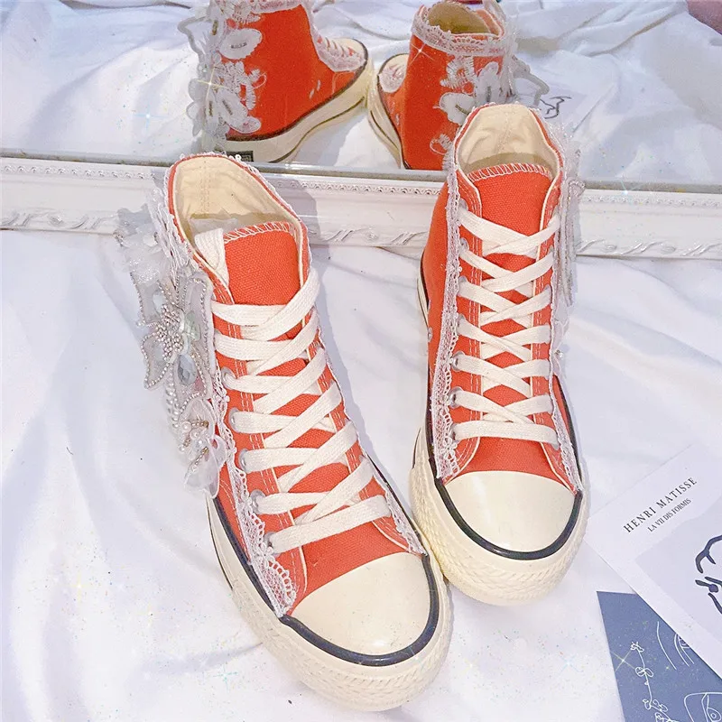 Summer 2022 Fashion Women Canvas Shoes High Women's Flat Vulcanized Shoes Orange Handmade Lace Bling Bow Sneakers