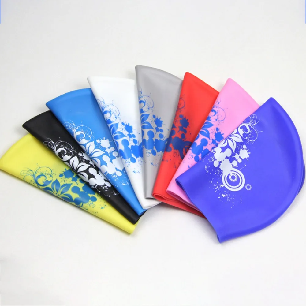 

Silicone Swimming Cap Fashion Waterproof Flower Printed Swim Pool Cap Plus Size Ears Protect Diving Hat Long Hair Women