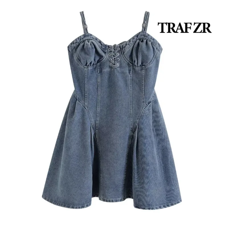 

Платье TRAF ZR джинсовое женское короткое, элегантное модное винтажное вечернее мини-платье из денима, голубое, Y2k, лето 2024