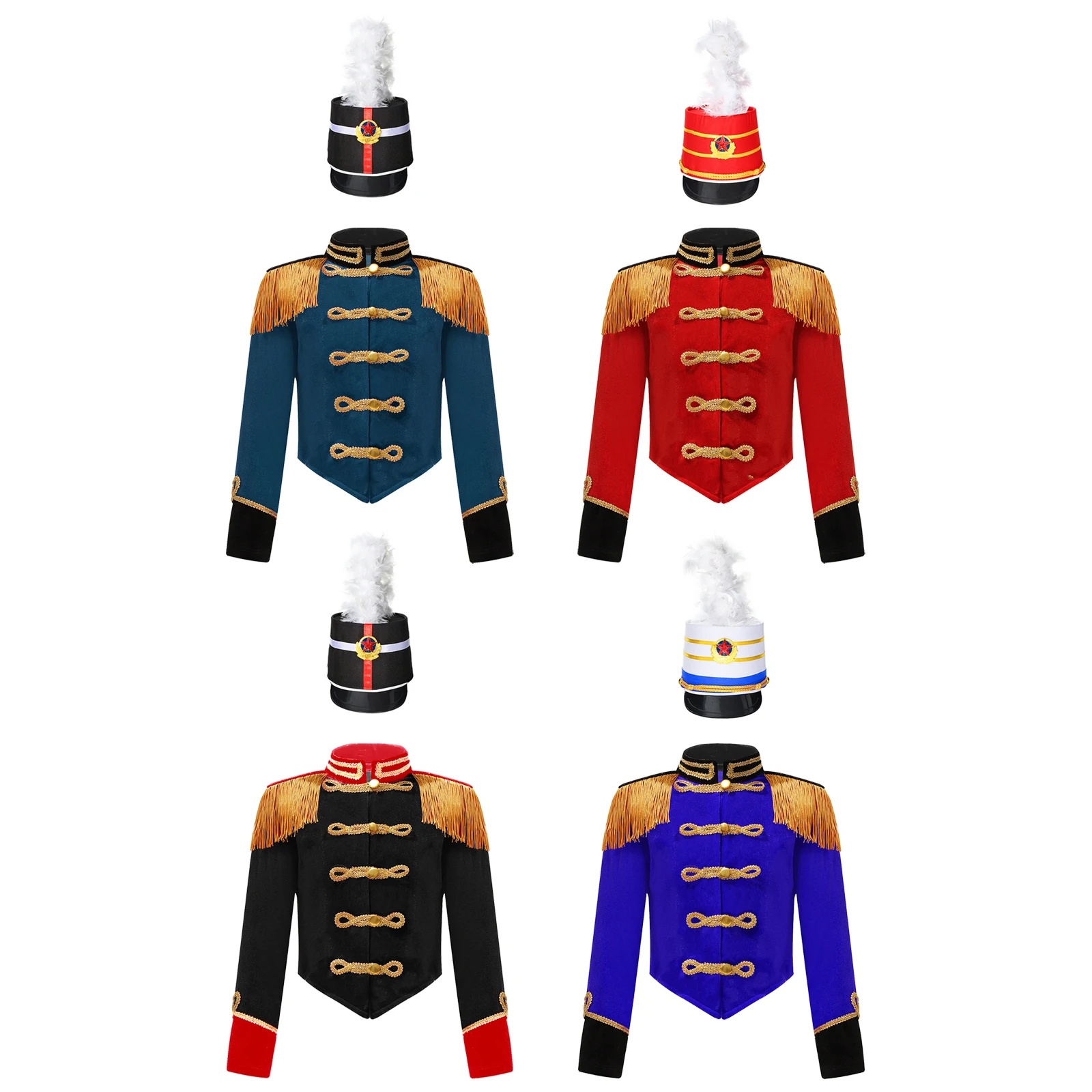 Kids Boys Girls Soldier Hat Drum Trumpet Team Costume Long Sleeve Showman Tassel Jacket Halloween Cosplay Costume