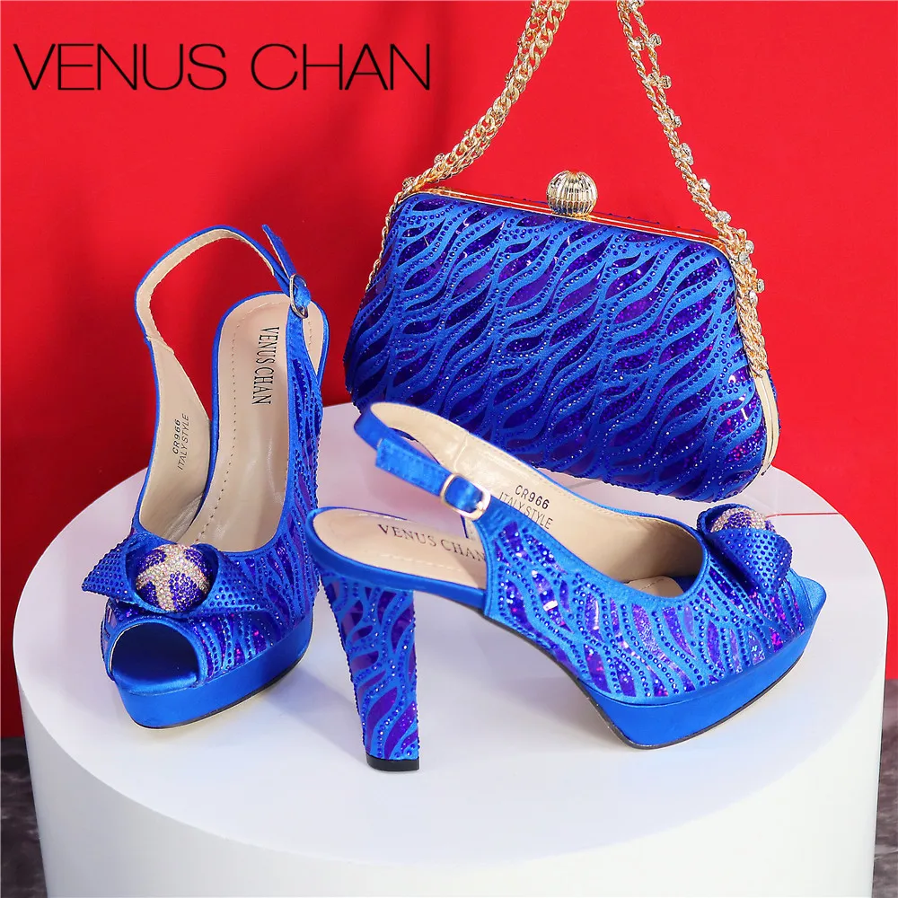 

New Arrival Blue Color Rhinestones Design Peep High Heel Ladies Sandal with Handbag Set For Wedding Party Women