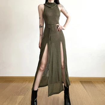 Lamuusaa Wasteland Punk Dress y2k Women Solid Color Sleeveless Hollow Out Back Side Slit Hooded Dress 2000s Grunge Party Dresses