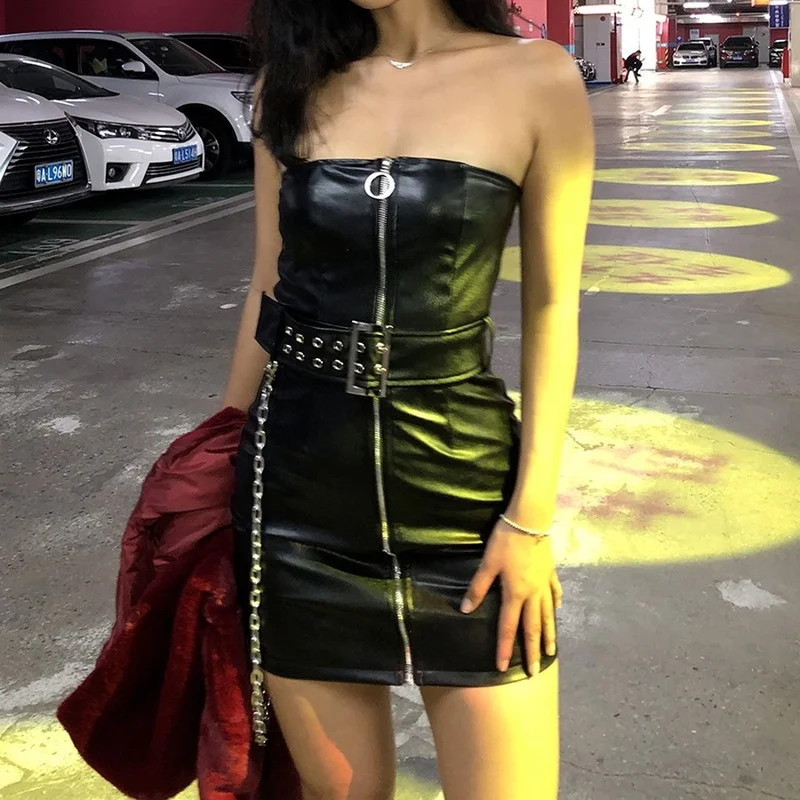 

Sexy Black Bodycon Dress for Women Fashion Party Nightclub Ladies PU Leather Summer Dress Woman Metal Chain Pencil Mini Dress