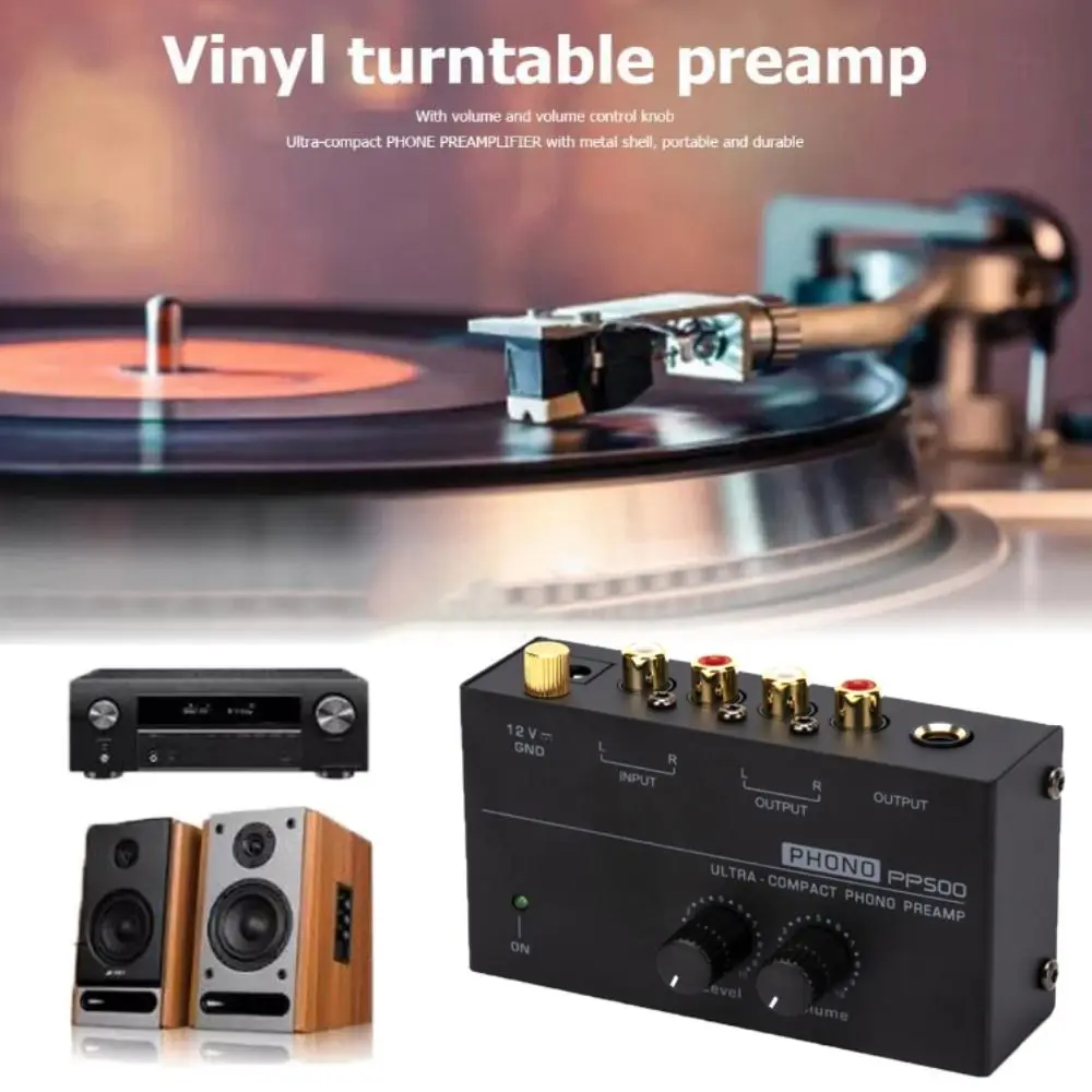 초소형 PP500 포노 프리앰프 EU/US/UK/AU 플러그 레벨 볼륨 조절 프리앰프 블랙 메탈 포노 프리앰프