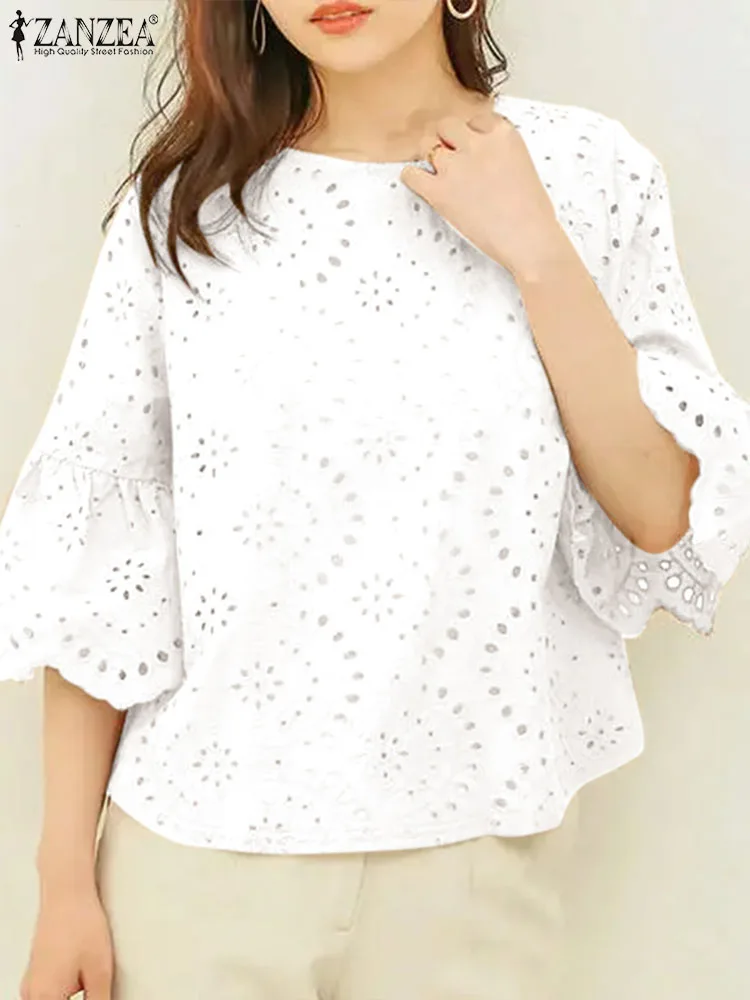 

Богемная кружевная блузка ZANZEA, женская летняя Праздничная рубашка с рукавом 3/4, элегантные рабочие топы, повседневные блузки в стиле пэчворк, Женская туника