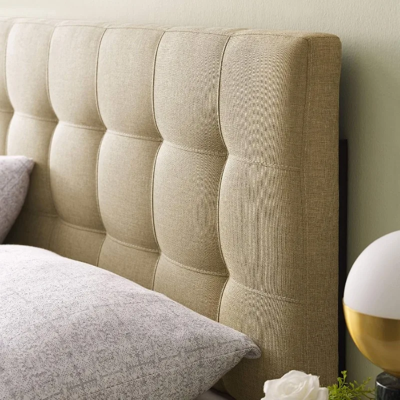 Tufted Linen Fabric Upholstered Queen Headboard in Beige 6