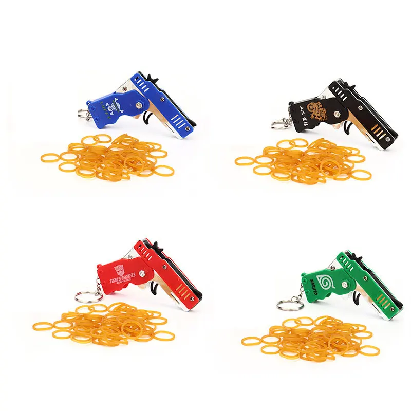 1PC MINI Toy Gun Keychain 50 Rubber Bands Folding Rubber Band Gun Shooting Pistol Alloy Key Charm Pendant Kid Outdoor Party Gift 4