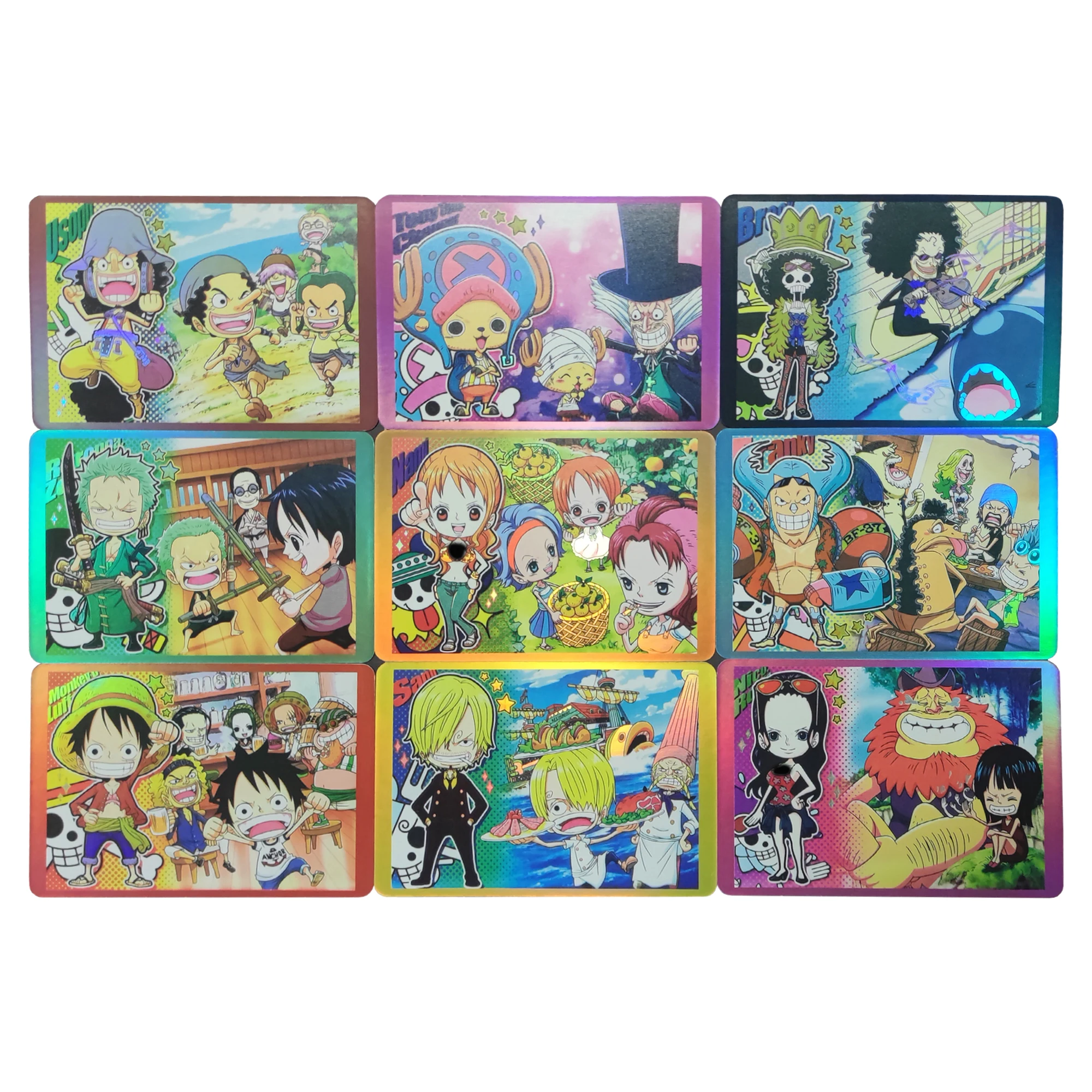 

9Pcs/set Anime One Piece Luffy Zoro Nami Chopper Sanji Flash Card Kawaii Classic Game Anime Collection Cards Diy Gift Toys