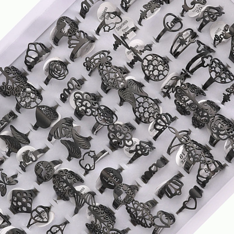 50 Pcs/Lot Fashion Hollow Out Stainless Steel Rings For Women Men Mix Style Flower Heart Crown Jewelry Party Gifts 6