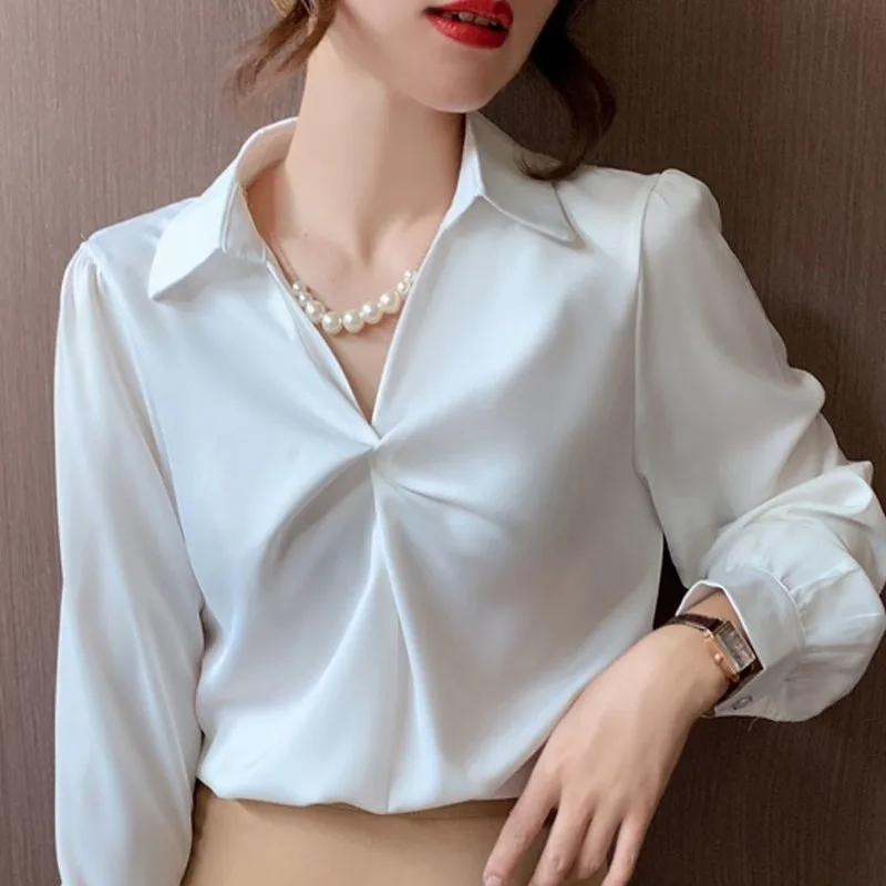 2023Women's Spring Autumn New Fashion Elegant V-neck Pullover Long Sleeved Solid Color Simple Shirt Loose Versatile Youth Tops