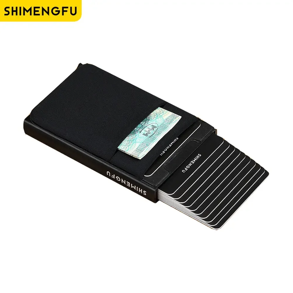 Slim RFID Blocking Metal Wallet with Automatic Pop-up Card Case and Elastic Back Pouch
