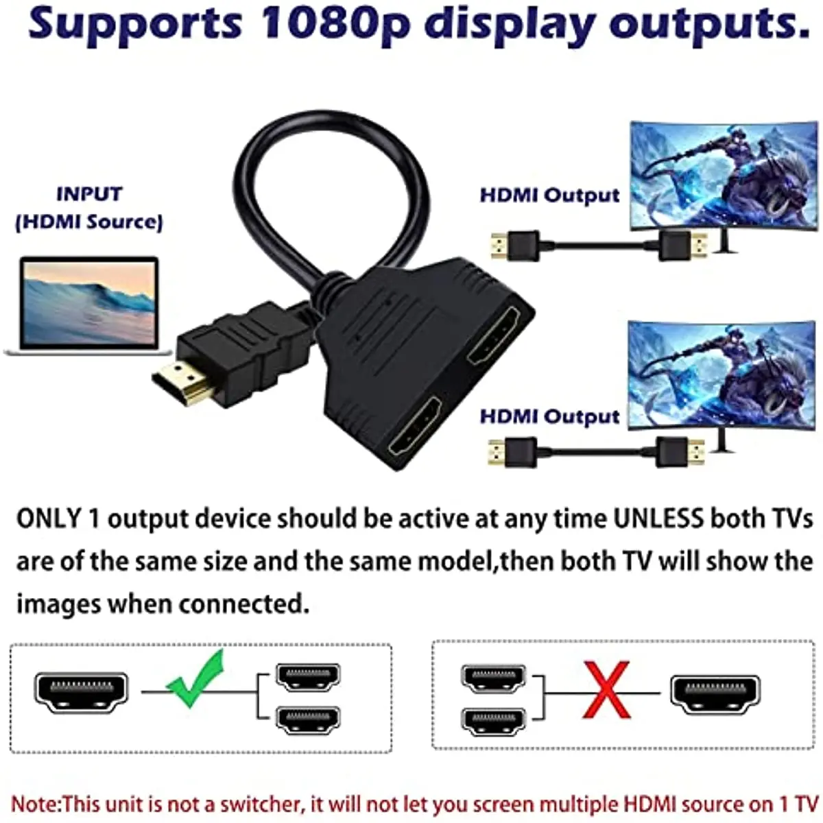 Câble HDMI – Câble adaptateur HDMI double hdmi mâle à double hdmi femelle 1  à 2 voies pour HDMI HD, 1 entrées 2 sorties/câble adaptateur HDMI double