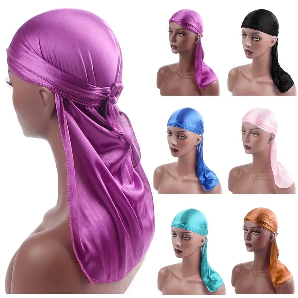 

Pre-Tied Silk Durag Fashion Adjustable Polyester Head Scarf Elastic Pirate Hat Men Women