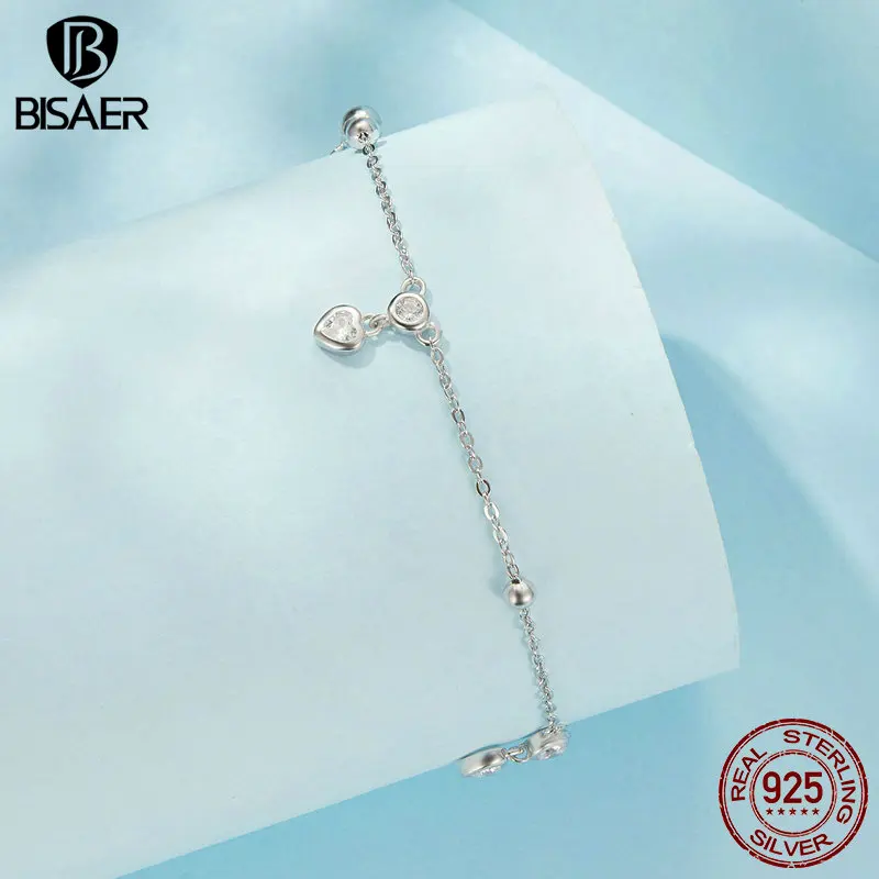 BISAER 925 Sterling Silver Heart Fringe Anklets Adjustable Chain Anklets Plated White Gold For Women Party Fine Jewelry Holiday
