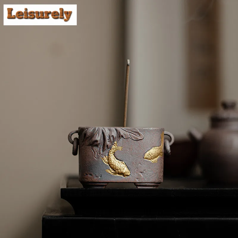 Gold Koi Fish Fragrance Insertion Holder Chinese Aromatherapy Stove Four Legged Art Thread Incense Stand Home Desktop Ornament