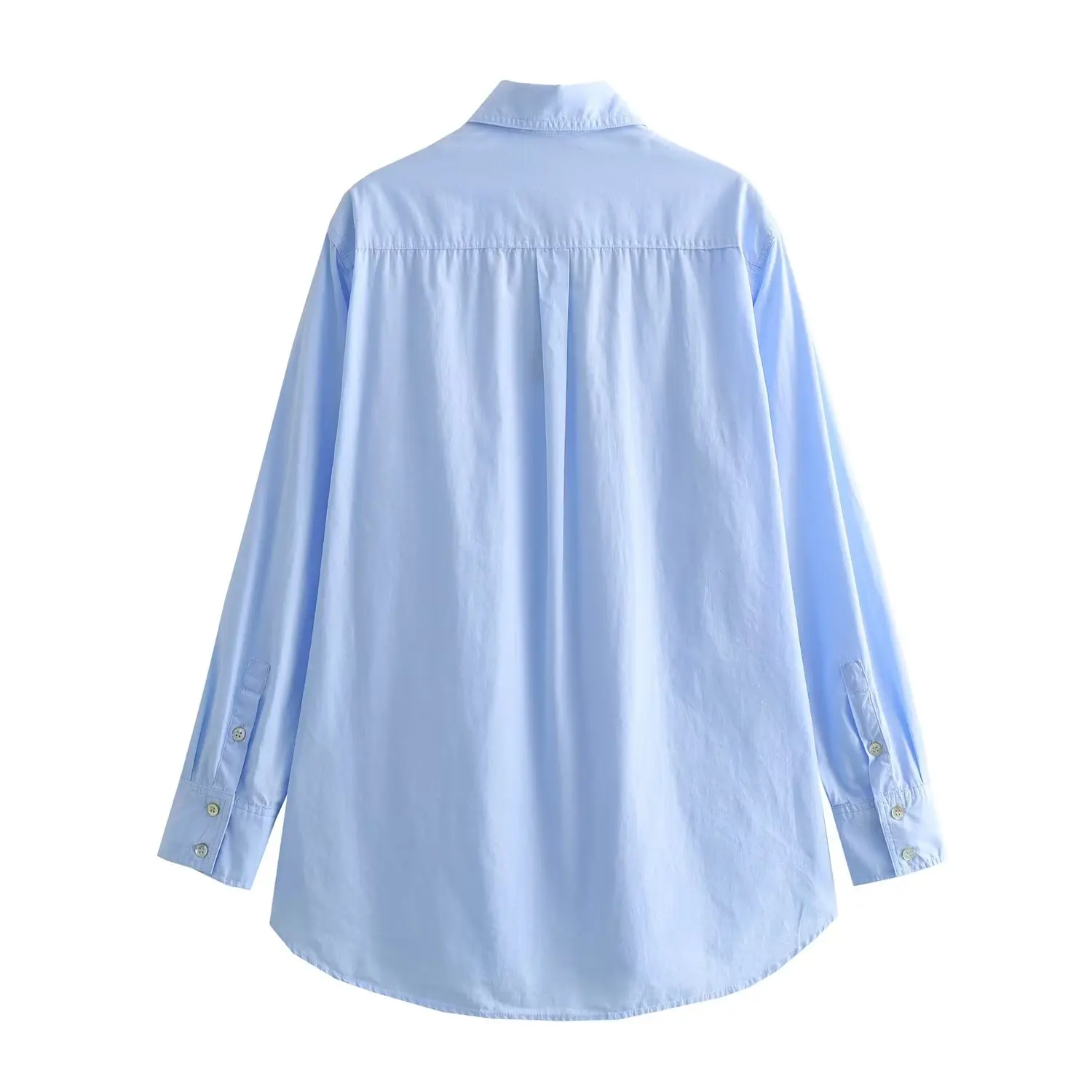 Withered Loose Pocket Blue Shirt Women French Lazy Style Casual Poplin Top