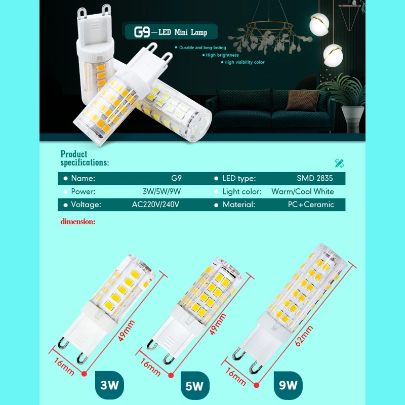 2-10pcs 미니 G9 LED 전구 3W 7W 9W Ampoule Led 램프 AC 220V 옥수수 조명 할로겐 스포트라이트 샹들리에 할로겐 램프 교체
