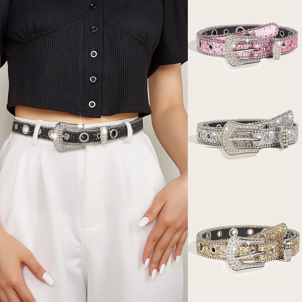 

Bling Diamond Crystal Waist Strap Rhinestone Studded Belt Dress Jeans Waistbands Rivet Eyelet Belt Sequin PU Leather Waist Belt