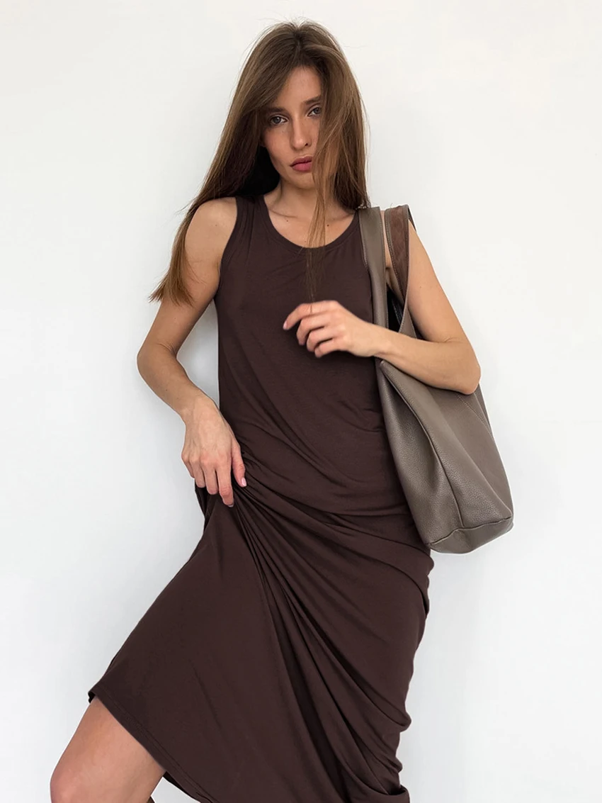 Marthaqiqi Brown Women Nightgowns Sexy Backless Nightwear Tank Tops Long Sleepwear Ankle-Length Dress Casual New Ladies Pajamas