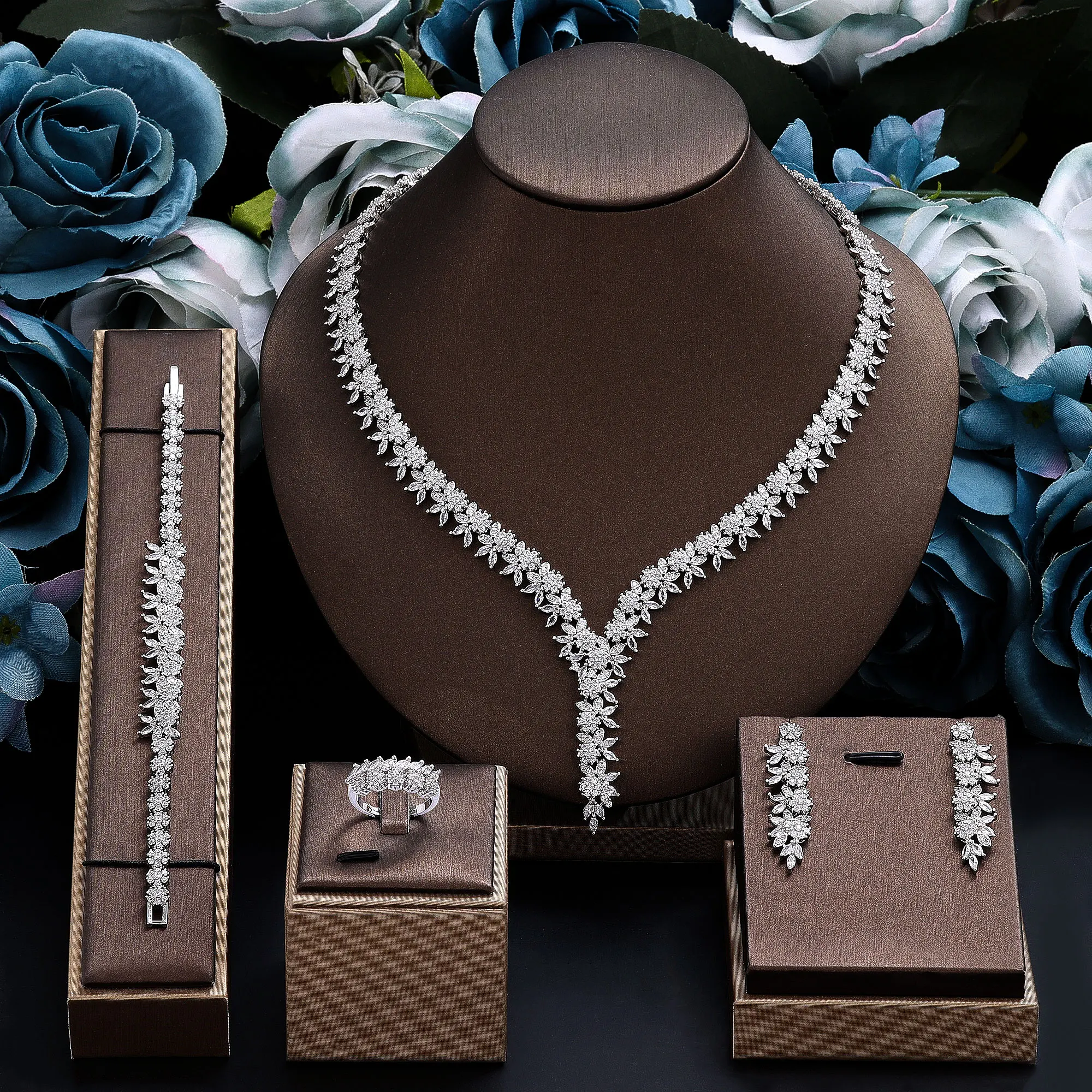 

Известный бренд, 4 шт., СВАДЕБНЫЙ Цирконий, полная фотография, банкетный кубический цирконий, кристалл, Свадебный комплект ювелирных изделий