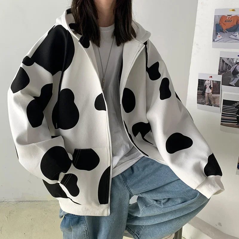 New Autumn and Winter Women's Cow Print Print Color Block Zipper Hooded Cardigan Jacket Thick Warm Loose Casual Harajuku Jacket