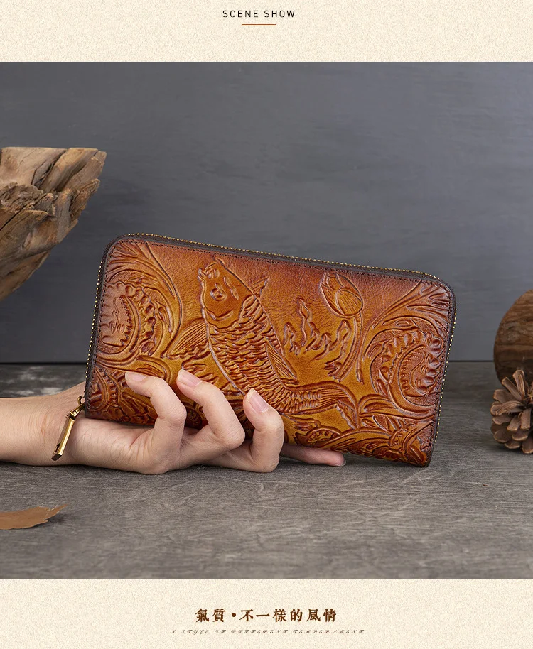 Fischmuster Echtes Leder Brieftasche Tasche Lange Echtes Kuh Leder Geldbörse Frauen Braun Rindsleder Kartenhalter Clutch für Handy – Detail 11