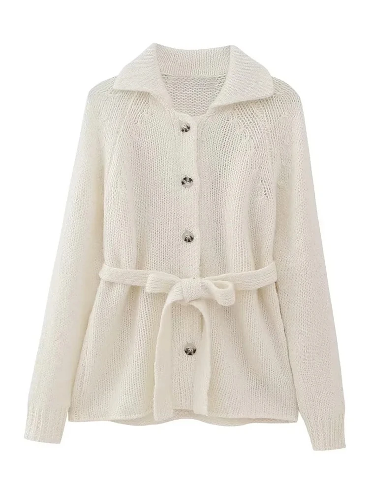 

Womens 2023 Autumn Casual Single Breasted Beige Long Sweaters Girls Turn-Down Collar Knitted Woolen Cardigans With Belt Femme