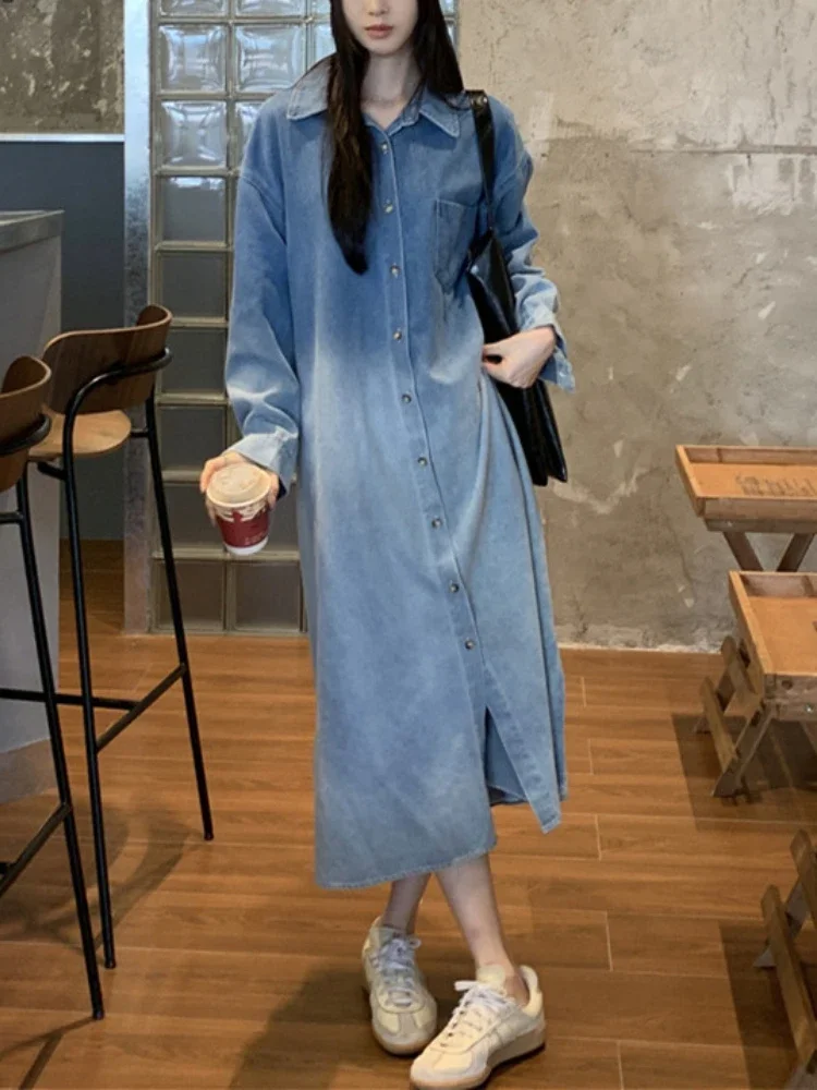 

Vintage Long Dress Spring Korean Style Shirt Dress Turn-Down Collar Gradient Long Sleeve Loose Denim Pockets Dress for Women