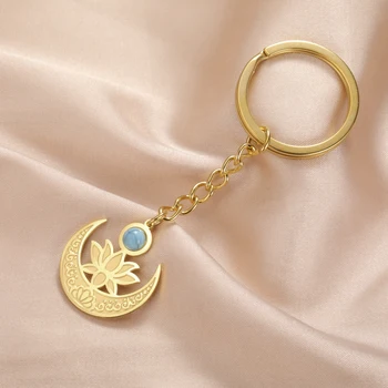 Teamer buddista fiore di loto portachiavi mezzaluna luna turchese portachiavi in acciaio inossidabile borsa per auto accessori Vintage amuleto senza ruggine