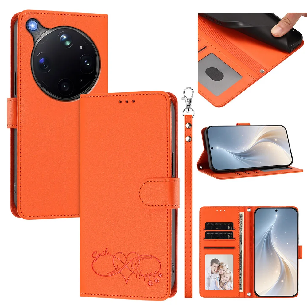 Leather Flip Wallet Phone Case with Card Holder and Strap