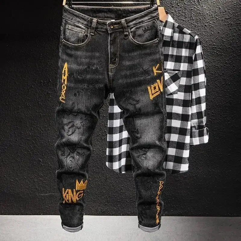 

Jeans for Men Tight Pipe Male Cowboy Pants Graphic Trousers Slim Fit Grunge Y2k Skinny with Print New in Trend 2024 Goth Xs Soft